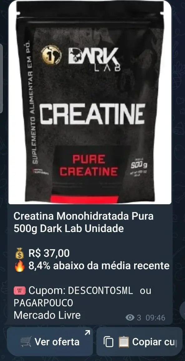 Oferta real de creatina publicada no grupo