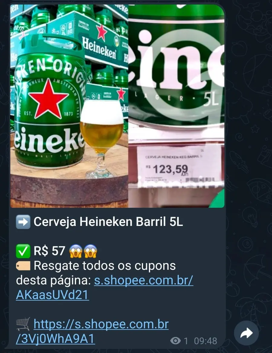 Oferta real do barril Heineken publicada no grupo