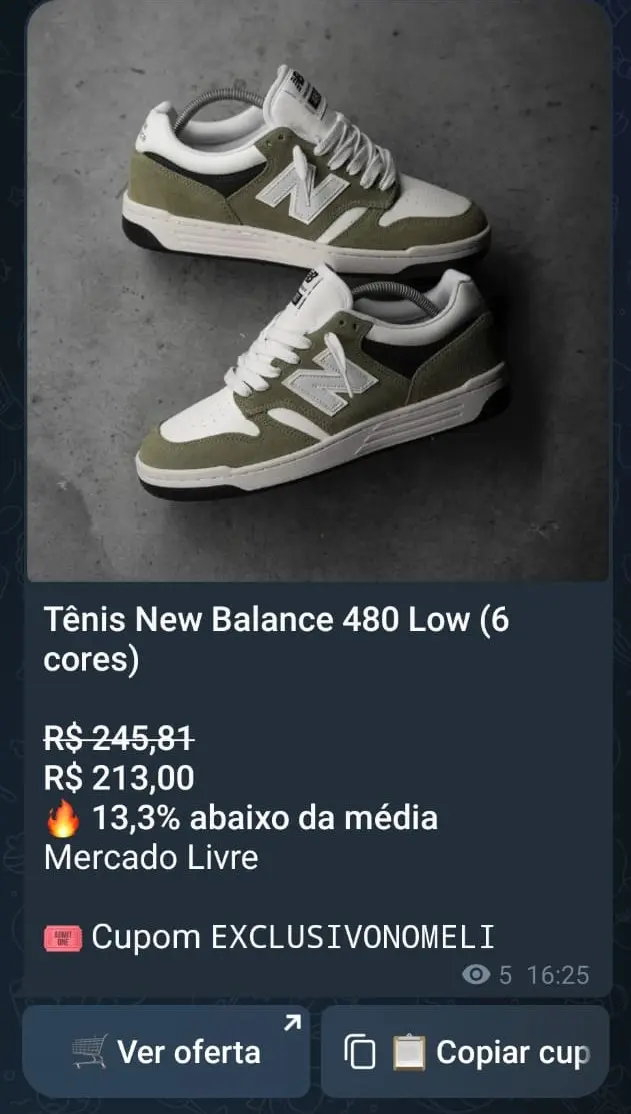 Oferta real de tênis New Balance publicada no grupo